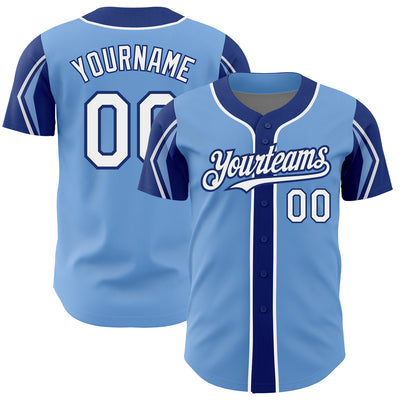 Custom Light Blue White-Royal 3 Colors Arm Shapes Authentic Baseball Jersey