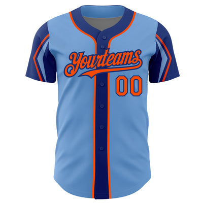 Custom Light Blue Orange-Royal 3 Colors Arm Shapes Authentic Baseball Jersey