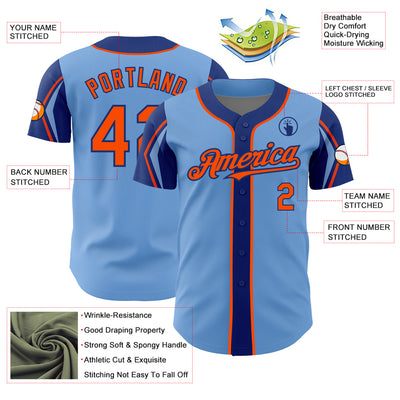 Custom Light Blue Orange-Royal 3 Colors Arm Shapes Authentic Baseball Jersey