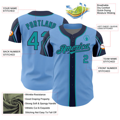 Custom Light Blue Teal-Navy 3 Colors Arm Shapes Authentic Baseball Jersey