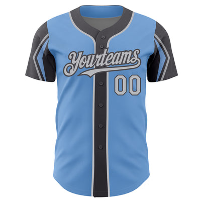 Custom Light Blue Gray-Steel Gray 3 Colors Arm Shapes Authentic Baseball Jersey