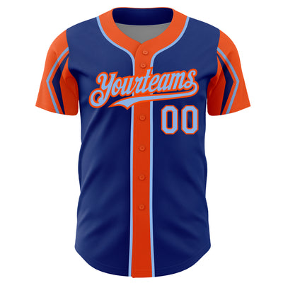 Custom Royal Light Blue-Orange 3 Colors Arm Shapes Authentic Baseball Jersey