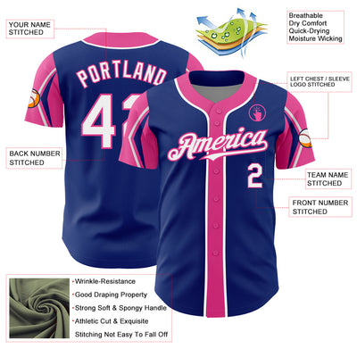 Custom Royal White-Pink 3 Colors Arm Shapes Authentic Baseball Jersey