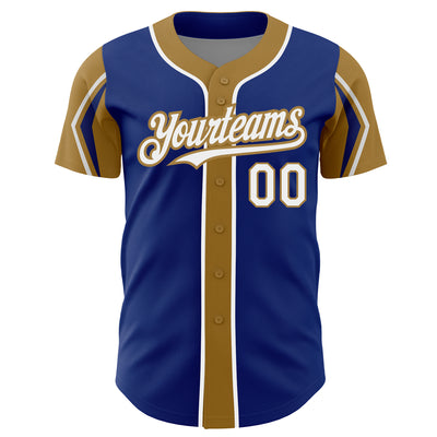 Custom Royal White-Old Gold 3 Colors Arm Shapes Authentic Baseball Jersey