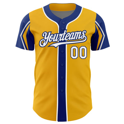 Custom Gold White-Royal 3 Colors Arm Shapes Authentic Baseball Jersey