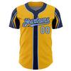 Custom Gold Light Blue-Navy 3 Colors Arm Shapes Authentic Baseball Jersey