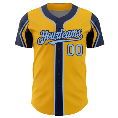 Custom Gold Light Blue-Navy 3 Colors Arm Shapes Authentic Baseball Jersey