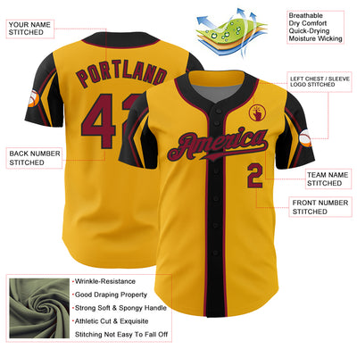 Custom Gold Crimson-Black 3 Colors Arm Shapes Authentic Baseball Jersey