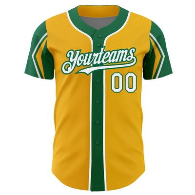 Custom Gold White-Kelly Green 3 Colors Arm Shapes Authentic Baseball Jersey