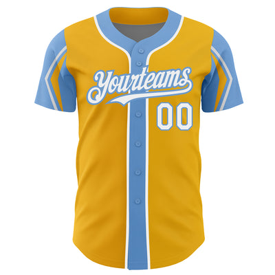 Custom Gold White-Light Blue 3 Colors Arm Shapes Authentic Baseball Jersey