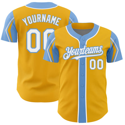 Custom Gold White-Light Blue 3 Colors Arm Shapes Authentic Baseball Jersey