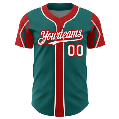 Custom Teal White-Red 3 Colors Arm Shapes Authentic Baseball Jersey