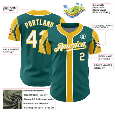 Custom Teal White-Yellow 3 Colors Arm Shapes Authentic Baseball Jersey