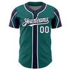 Custom Teal White-Navy 3 Colors Arm Shapes Authentic Baseball Jersey