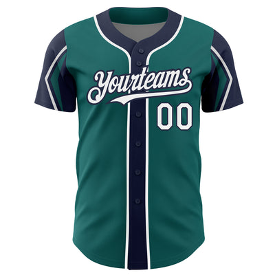 Custom Teal White-Navy 3 Colors Arm Shapes Authentic Baseball Jersey