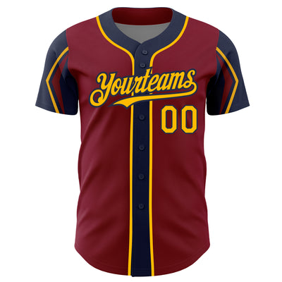 Custom Crimson Gold-Navy 3 Colors Arm Shapes Authentic Baseball Jersey