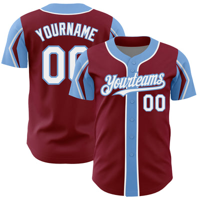 Custom Crimson White-Light Blue 3 Colors Arm Shapes Authentic Baseball Jersey