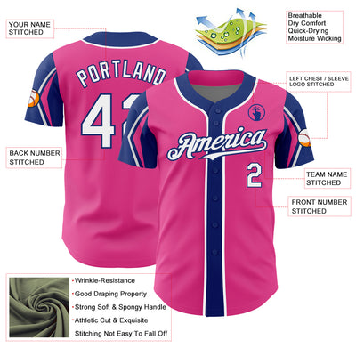 Custom Pink White-Royal 3 Colors Arm Shapes Authentic Baseball Jersey