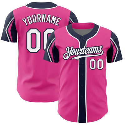 Custom Pink White-Navy 3 Colors Arm Shapes Authentic Baseball Jersey