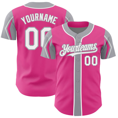 Custom Pink White-Gray 3 Colors Arm Shapes Authentic Baseball Jersey