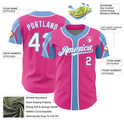 Custom Pink White-Light Blue 3 Colors Arm Shapes Authentic Baseball Jersey