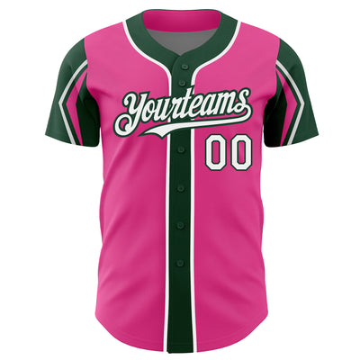 Custom Pink White-Green 3 Colors Arm Shapes Authentic Baseball Jersey