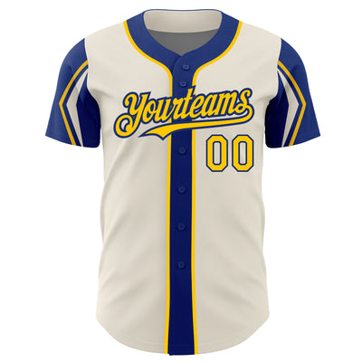 Custom Cream Yellow-Royal 3 Colors Arm Shapes Authentic Baseball Jersey