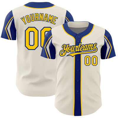 Custom Cream Yellow-Royal 3 Colors Arm Shapes Authentic Baseball Jersey