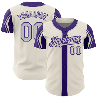 Custom Cream Gray-Purple 3 Colors Arm Shapes Authentic Baseball Jersey