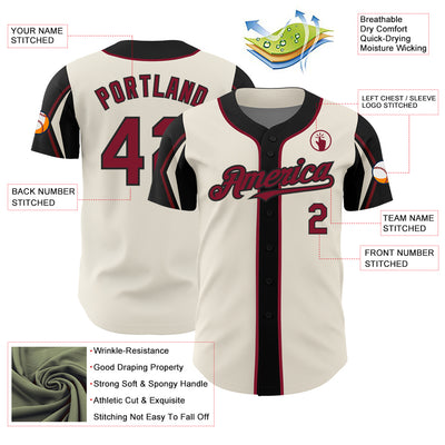 Custom Cream Crimson-Black 3 Colors Arm Shapes Authentic Baseball Jersey