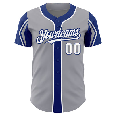 Custom Gray White-Royal 3 Colors Arm Shapes Authentic Baseball Jersey