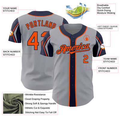 Custom Gray Orange-Navy 3 Colors Arm Shapes Authentic Baseball Jersey