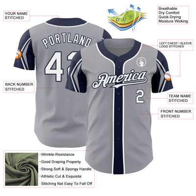 Custom Gray White-Navy 3 Colors Arm Shapes Authentic Baseball Jersey