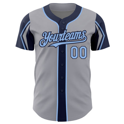 Custom Gray Light Blue-Navy 3 Colors Arm Shapes Authentic Baseball Jersey