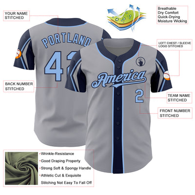 Custom Gray Light Blue-Navy 3 Colors Arm Shapes Authentic Baseball Jersey