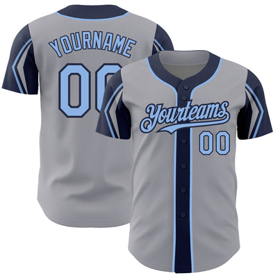 Custom Gray Light Blue-Navy 3 Colors Arm Shapes Authentic Baseball Jersey