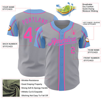 Custom Gray Pink-Light Blue 3 Colors Arm Shapes Authentic Baseball Jersey