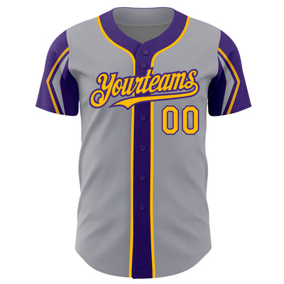 Custom Gray Gold-Purple 3 Colors Arm Shapes Authentic Baseball Jersey