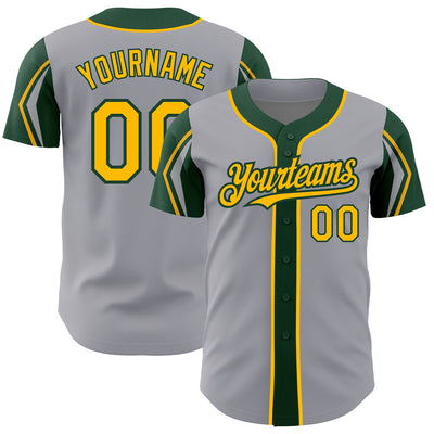 Custom Gray Gold-Green 3 Colors Arm Shapes Authentic Baseball Jersey