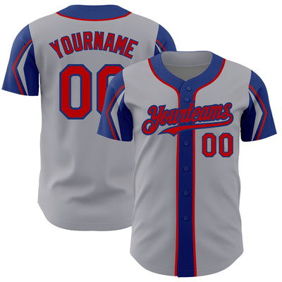 Custom Gray Red-Royal 3 Colors Arm Shapes Authentic Baseball Jersey