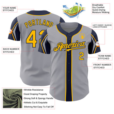 Custom Gray Gold-Navy 3 Colors Arm Shapes Authentic Baseball Jersey