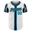 Custom White Teal-Navy 3 Colors Arm Shapes Authentic Baseball Jersey