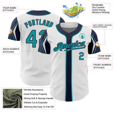 Custom White Teal-Navy 3 Colors Arm Shapes Authentic Baseball Jersey