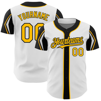 Custom White Gold-Black 3 Colors Arm Shapes Authentic Baseball Jersey