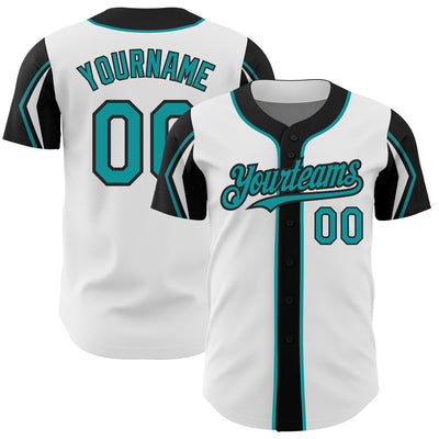 Custom White Teal-Black 3 Colors Arm Shapes Authentic Baseball Jersey