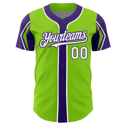 Custom Neon Green White-Purple 3 Colors Arm Shapes Authentic Baseball Jersey