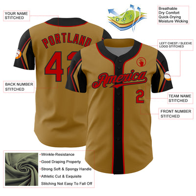 Custom Old Gold Red-Black 3 Colors Arm Shapes Authentic Baseball Jersey