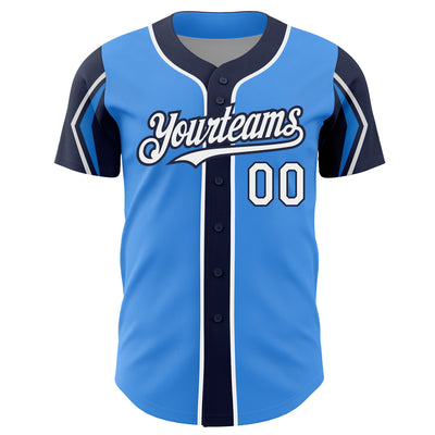 Custom Electric Blue White-Navy 3 Colors Arm Shapes Authentic Baseball Jersey