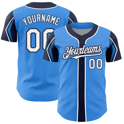 Custom Electric Blue White-Navy 3 Colors Arm Shapes Authentic Baseball Jersey