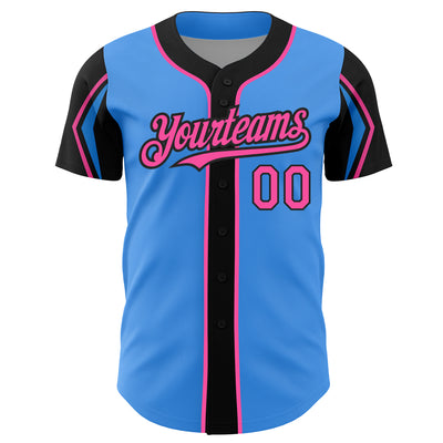 Custom Electric Blue Pink-Black 3 Colors Arm Shapes Authentic Baseball Jersey